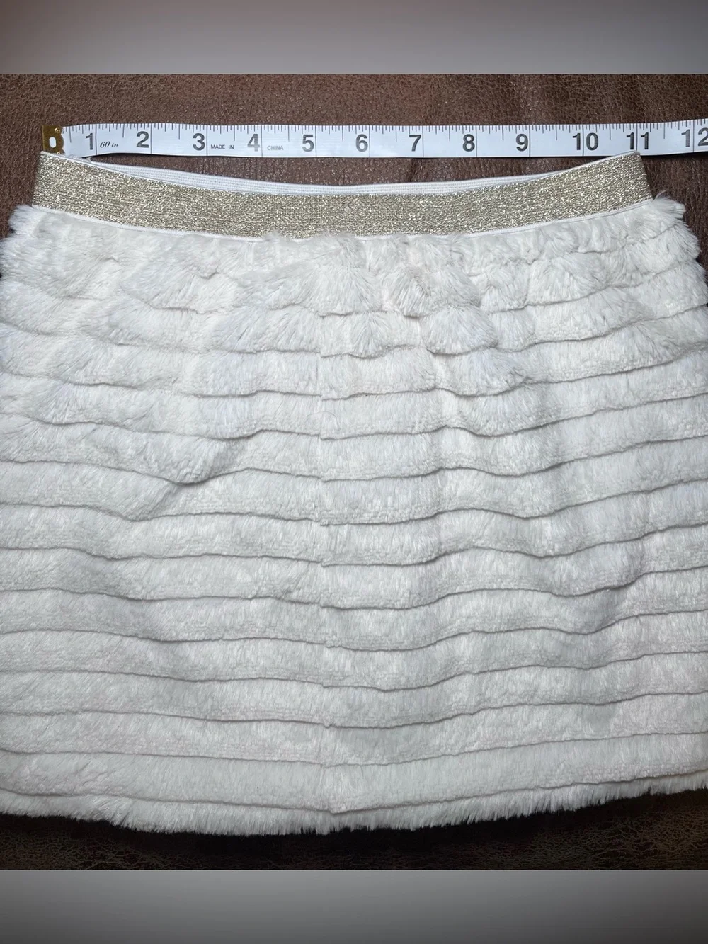 Girls White Faux Fur Lined Mini Skirt Gold Glitter Elastic Waist Pull-On 6X